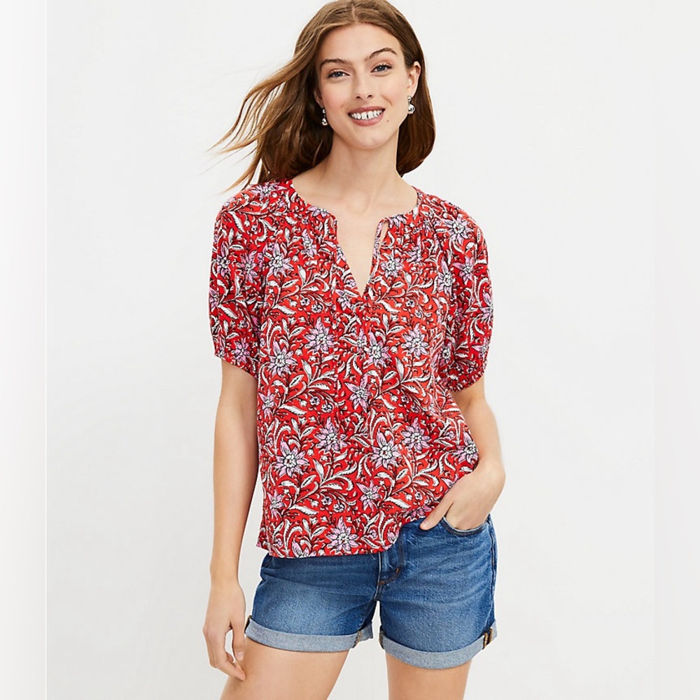 LOFT Spring Bloom Tie Neck Puff Sleeve Floral Puff Sleeve Peasant Top Size M